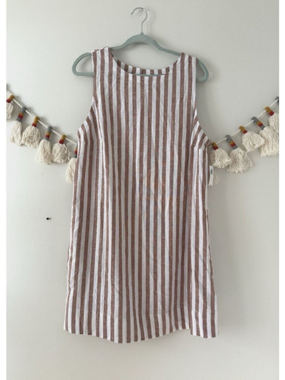 Old Navy Linen Blend Mini Shift Aline Neutral Stripe Dress Coastal Beach NWT L